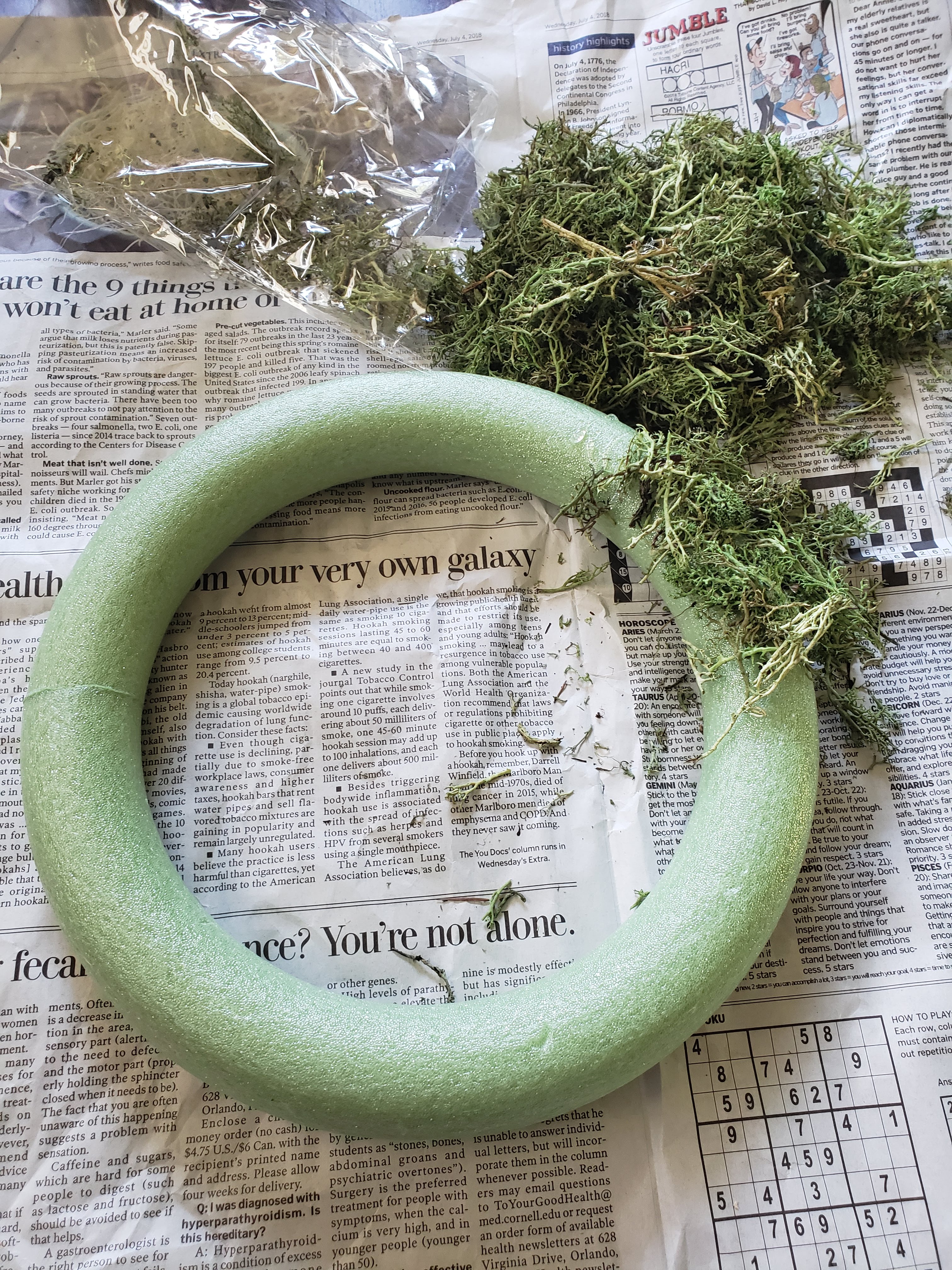 Glue the reindeer moss to the foam wreath form